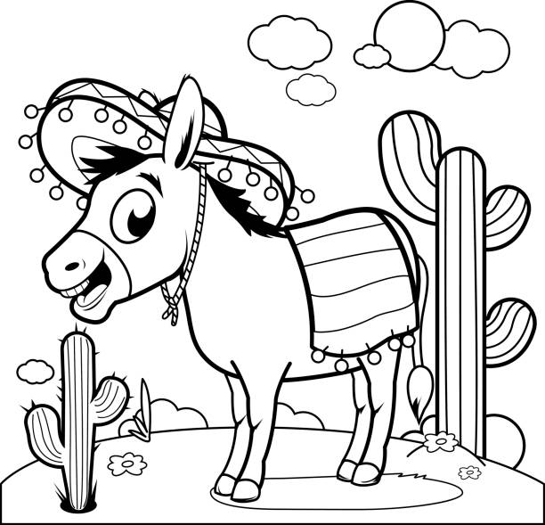 Mexican donkey in the desert black and white coloring book page stock illustration