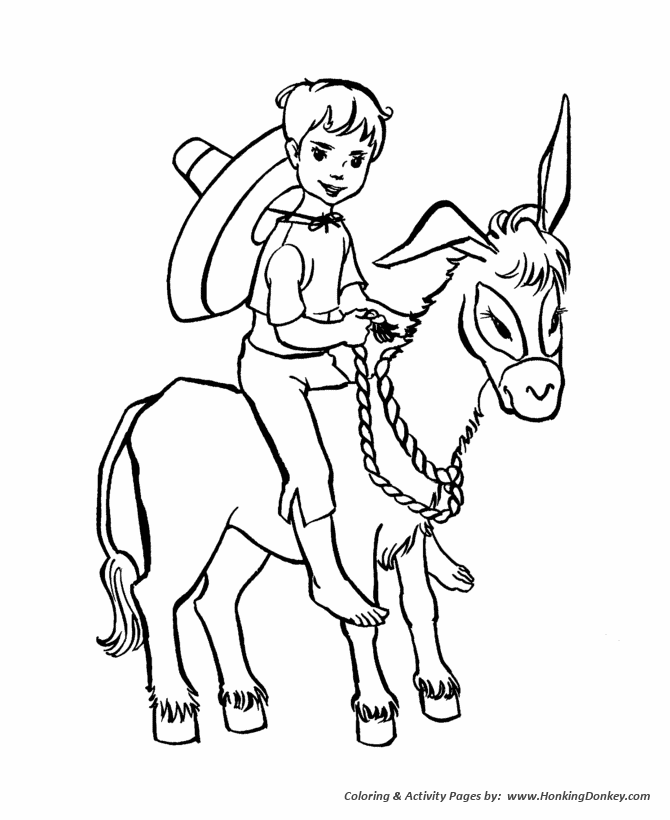 Farm animal coloring pages boy riding a little donkey coloring page and kids activity sheet