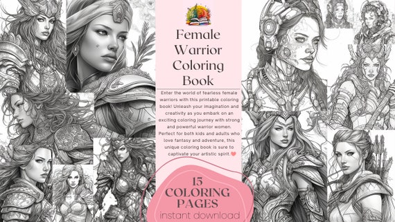 Female warrior greyscale coloring book beautiful woman warrior coloring page printable adult coloring pages digital download pdf