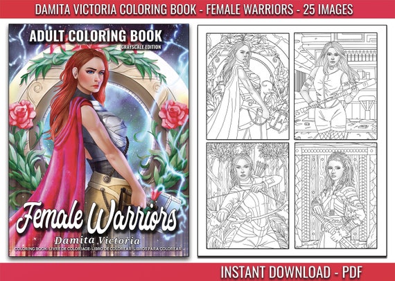 Adult coloring book female warriors grayscale coloring page line art printable adult coloring page for relaxation instant download