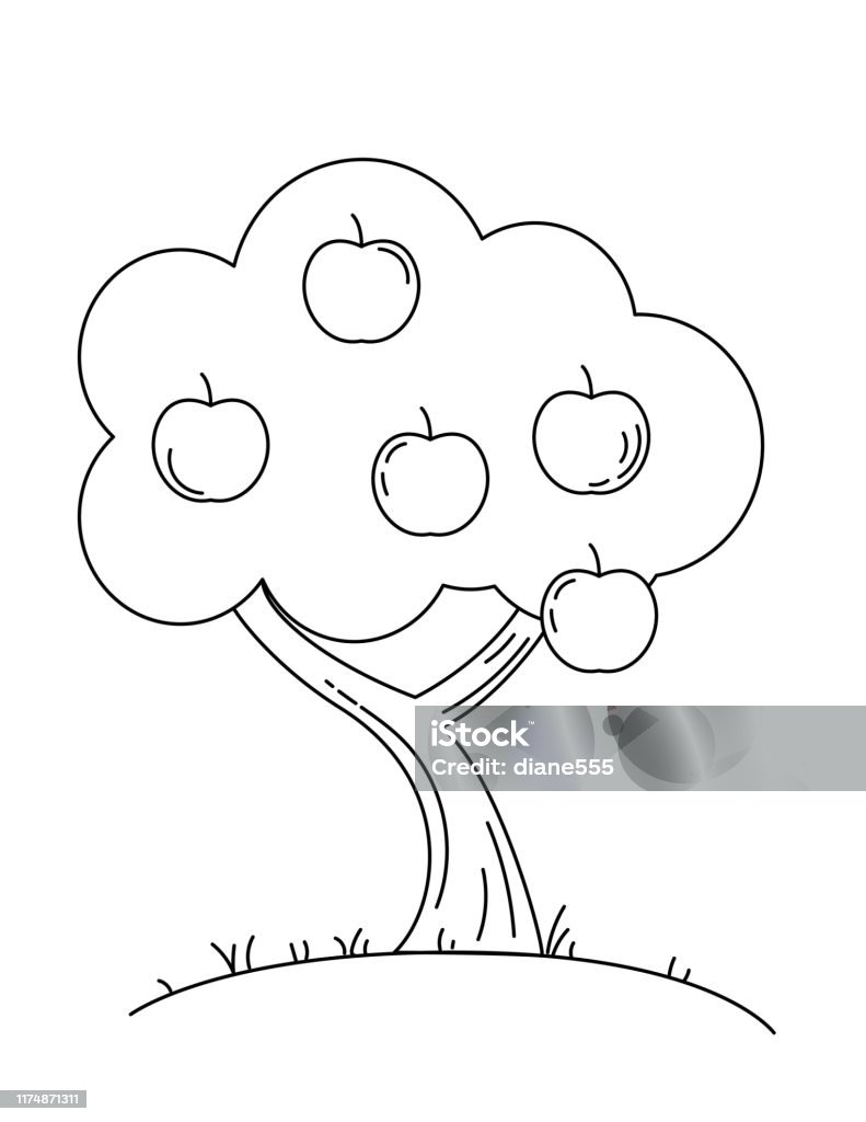 Cute childrens farm coloring book page apple tree stock illustration