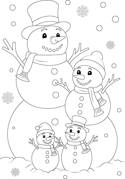 Premium vector coloring pagr a snowman family christmas coloring book