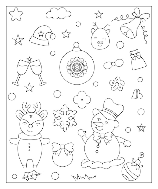 Premium vector coloring page of a decorated christmas tree shanta claus ball bell snowman and gifts