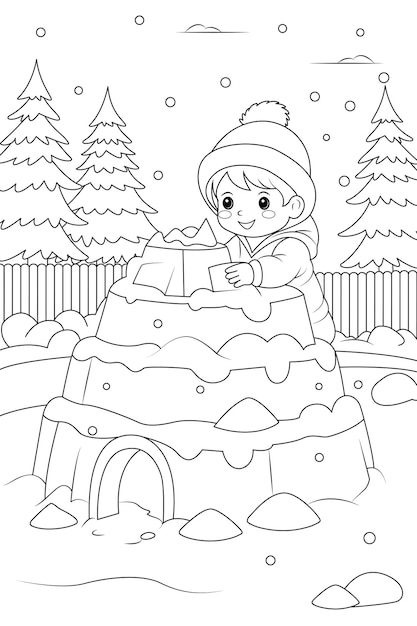 Premium vector coloring page a children building a snowman in the yard christmas colouring page