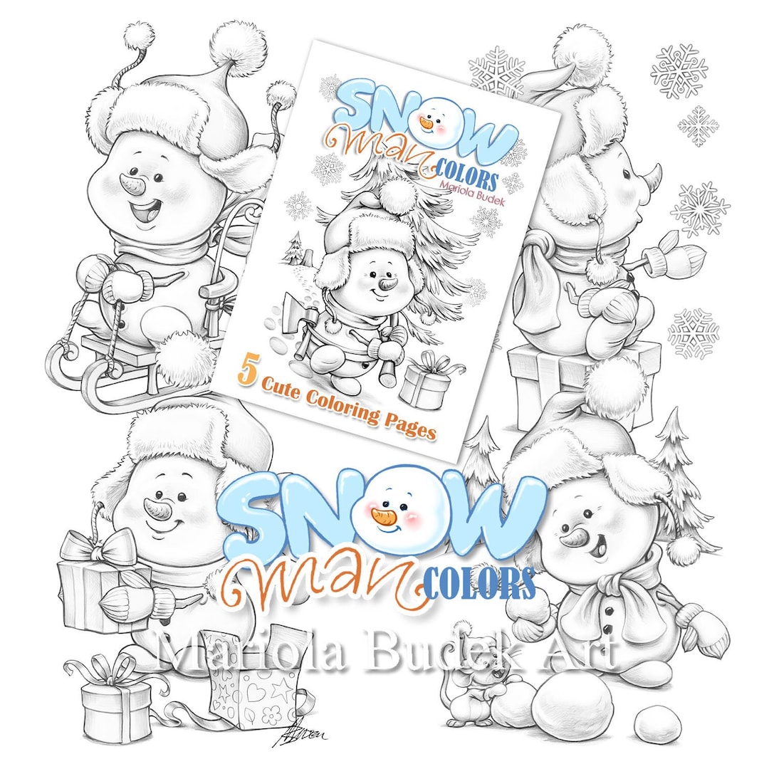 Snowman colors mariola budek coloring book printable adult kids colouring page instant download grayscale christmas illustration pdf download now