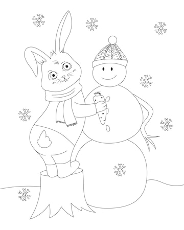 Premium vector rabbit trying to put down snowmans carrot nose