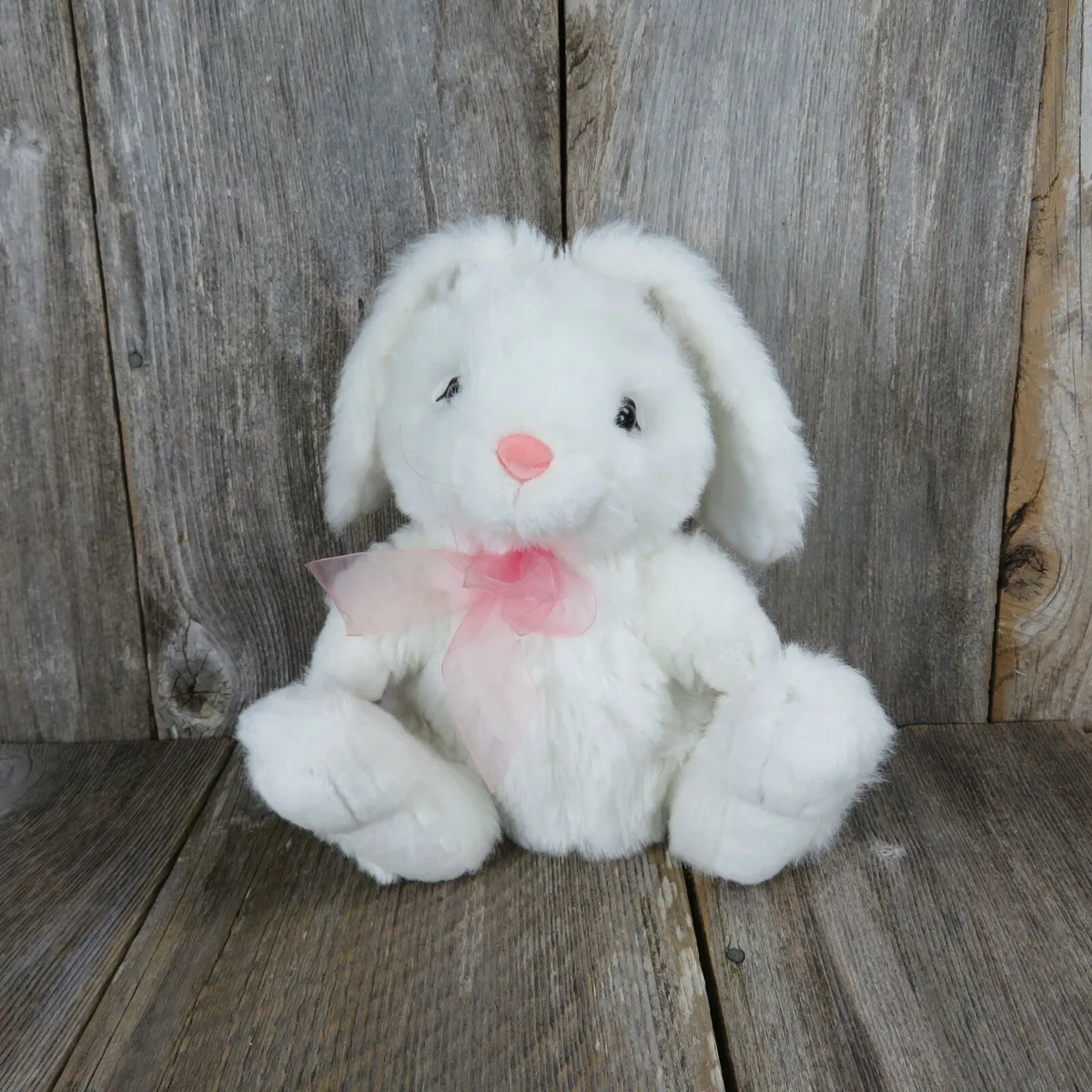 Vintage bunny plush white rabbit ribbon pink flocked nose easter stuffed animal