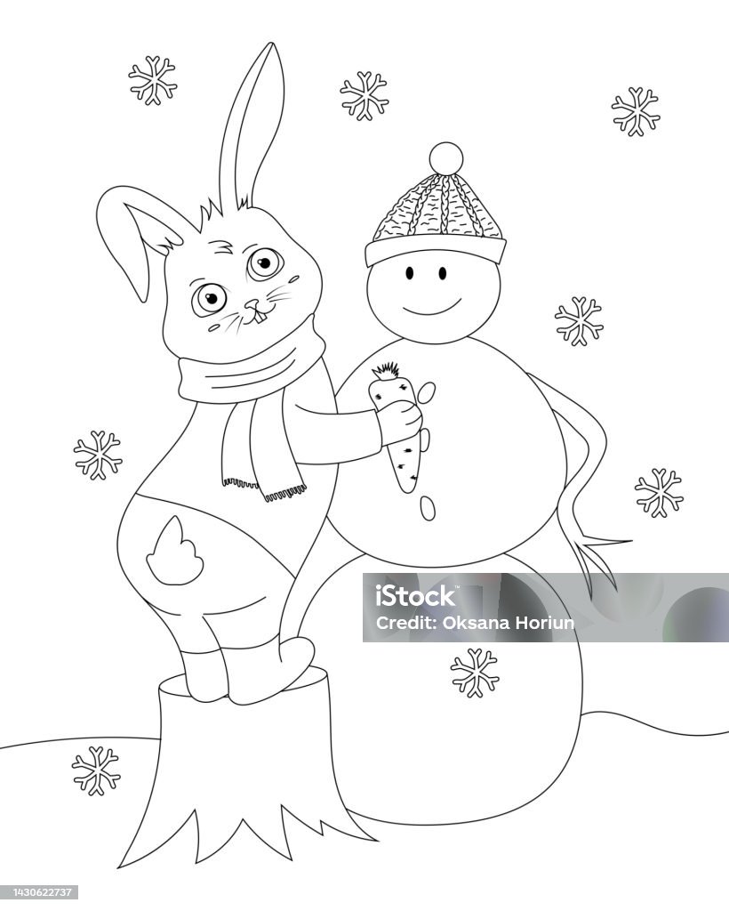 Rabbit trying to put down snowmans carrot nose stock illustration