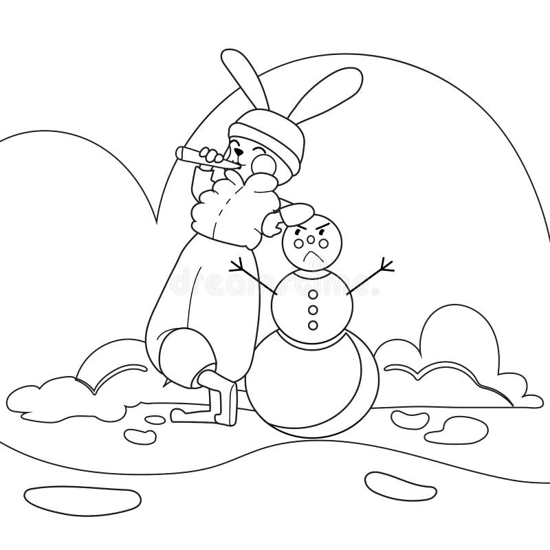 Funny outline rabbit trying to cut down snowman s carrot nose winter bunny cute line art animal character stock vector