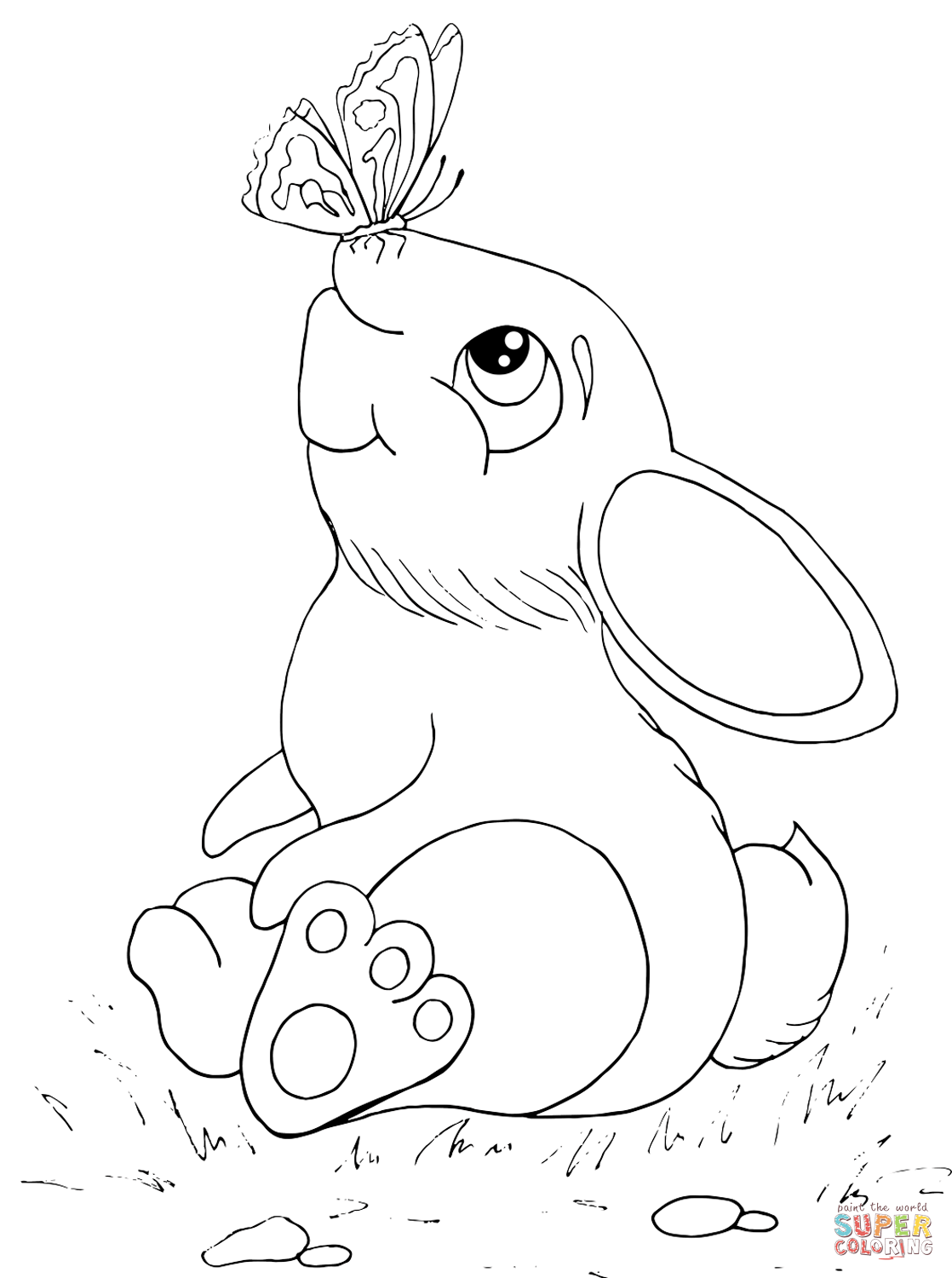 Rabbit with butterfly on his nose coloring page free printable coloring pages