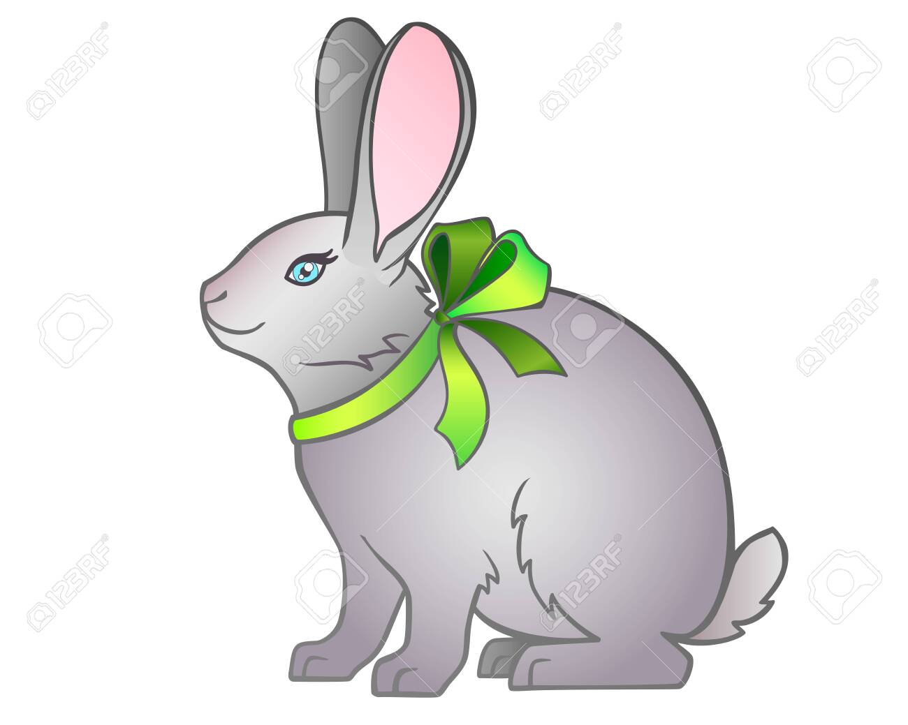 Beautiful cute vector rabbit with pink ears and a nose gray rabbit with a green bow on the neck funny pet