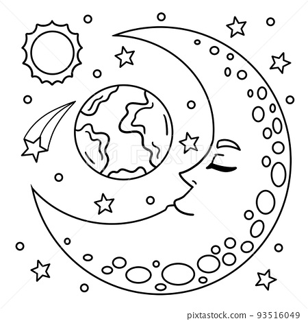 Sleeping crescent moon coloring page for kids