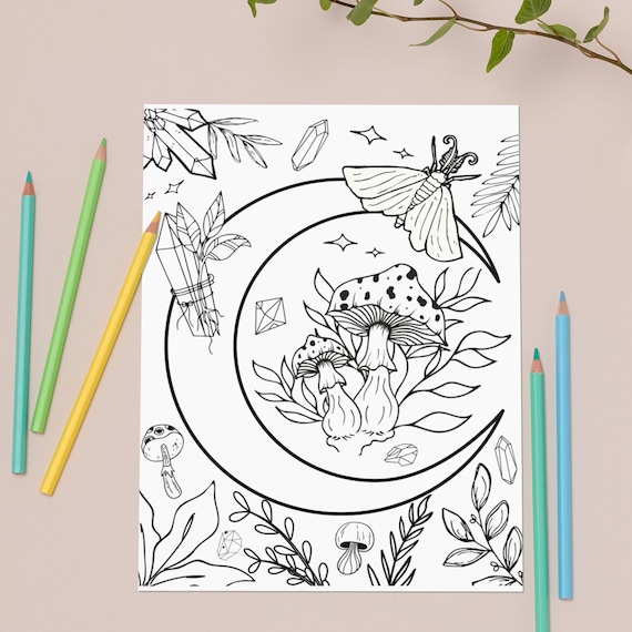 Crescent moon and mushrooms crescent moon coloring page