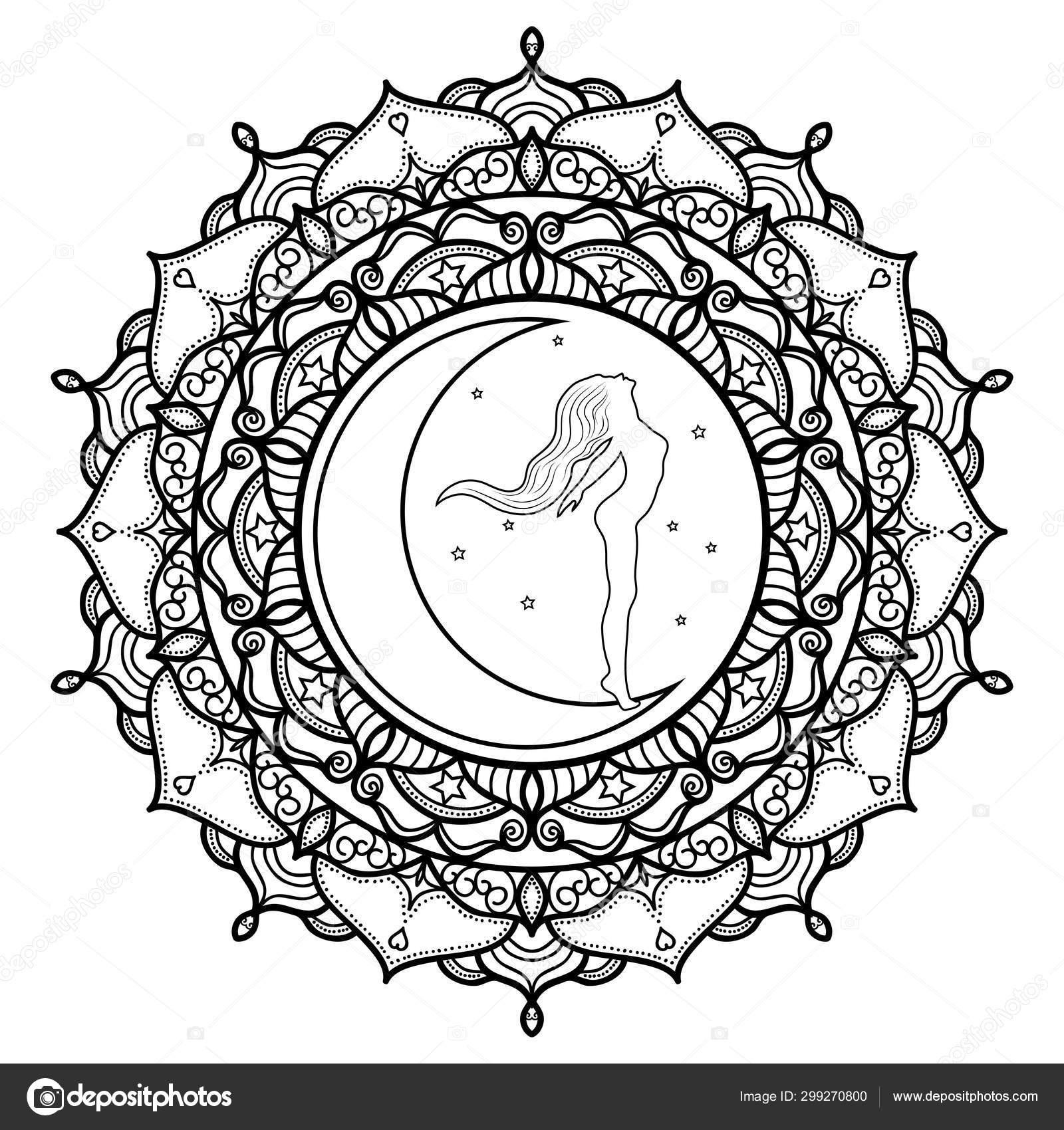 Crescent moon goddess mandala coloring page stock illustration by smk