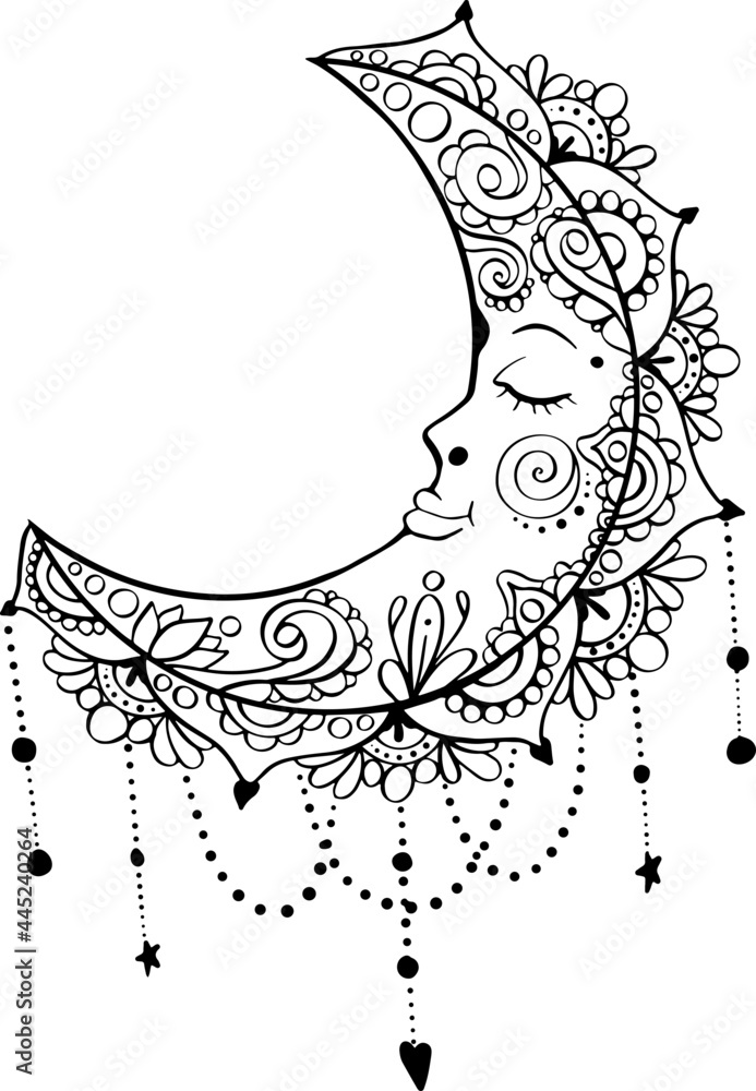 Crescent moon ornamental coloring book page in bohemian style vector