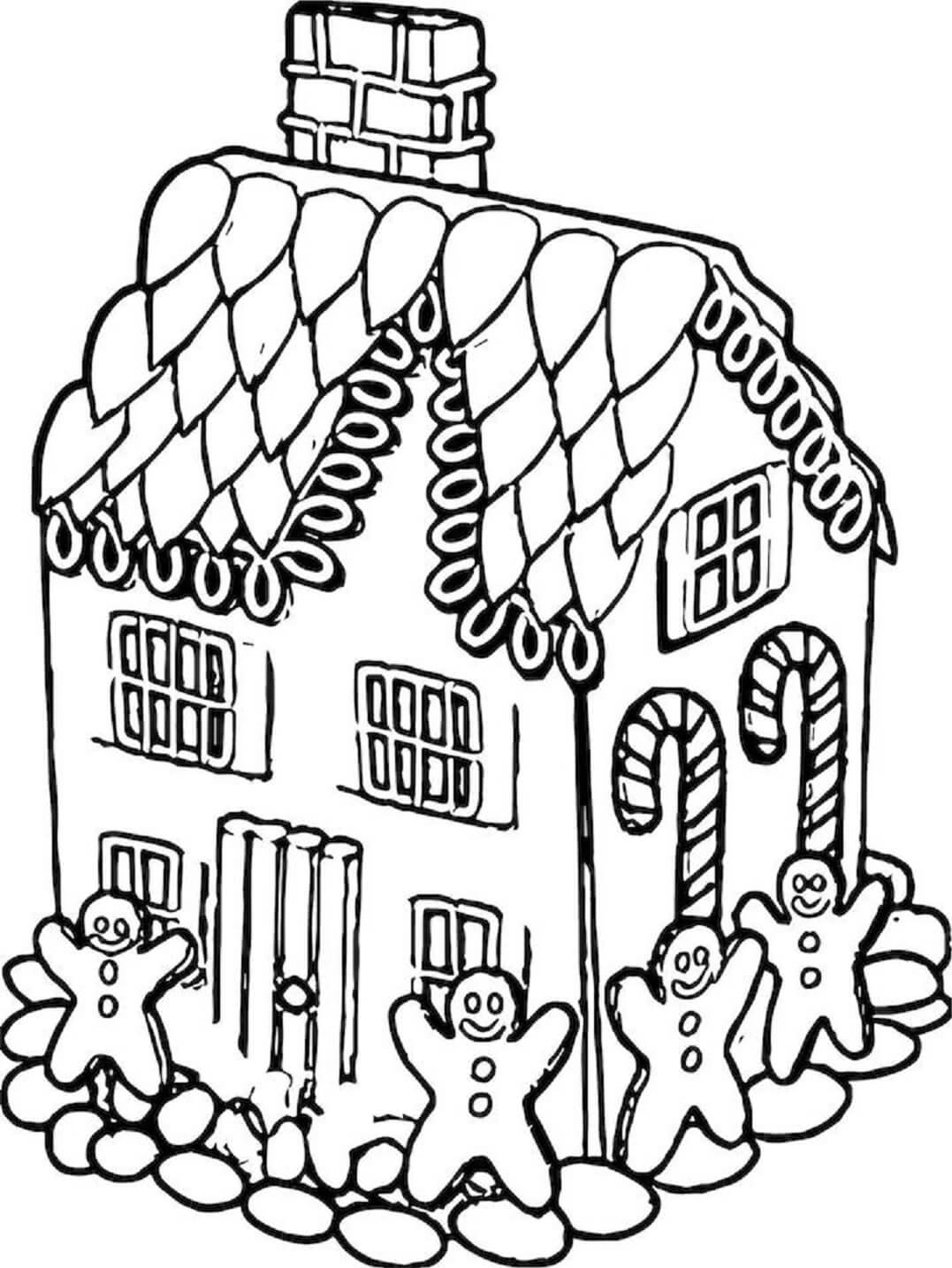 Hand drawn gingerbread house coloring page