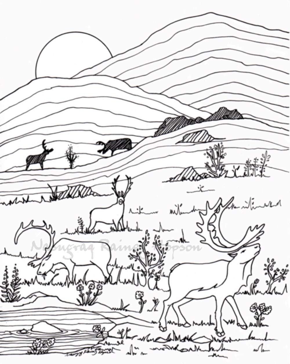 Caribou in the mountains alaska native hand drawn coloring page instant download