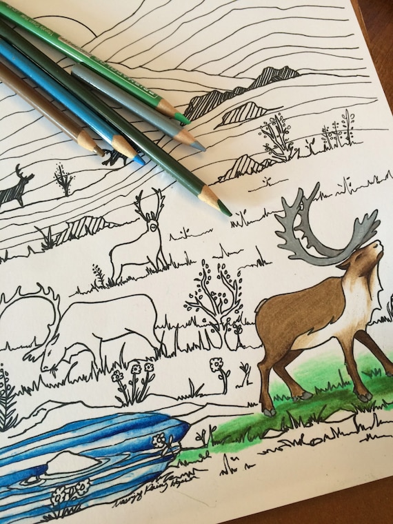 Caribou in the mountains alaska native hand drawn coloring page instant download