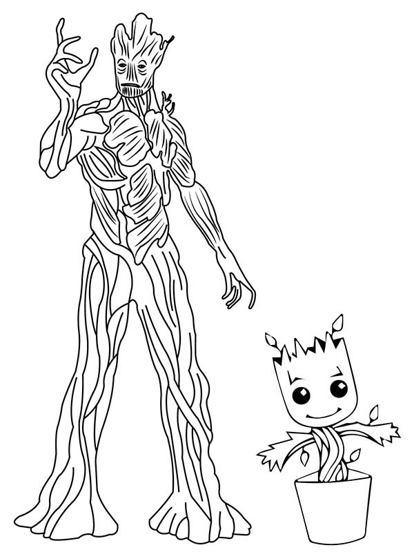 Old groot and baby groot coloring page