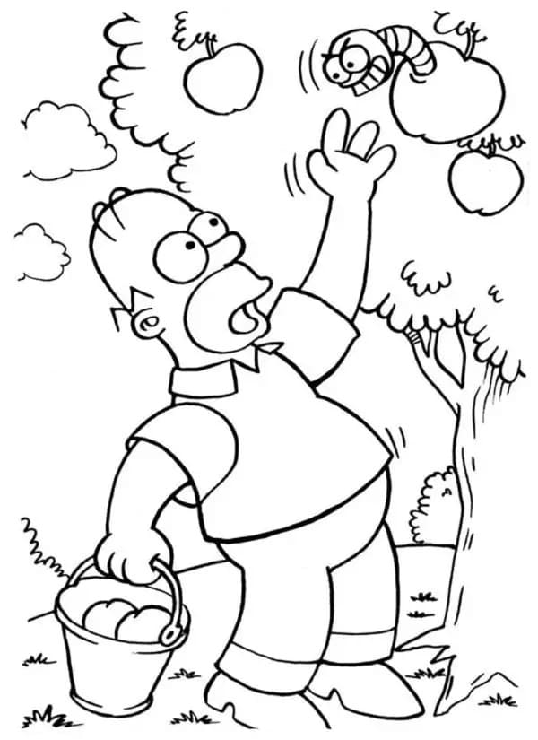 Homer simpson is picking apples coloring page