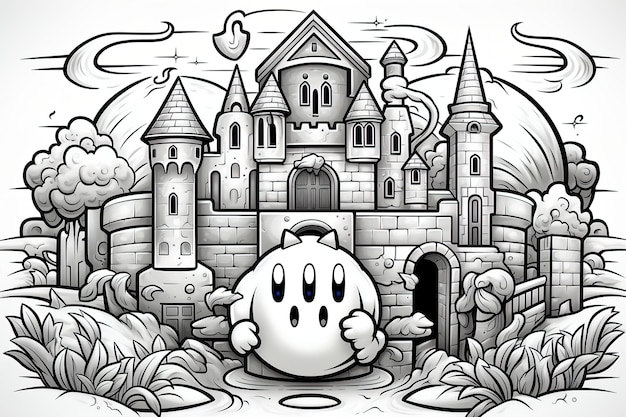 Premium vector simple coloring book page of kirby at mario castle