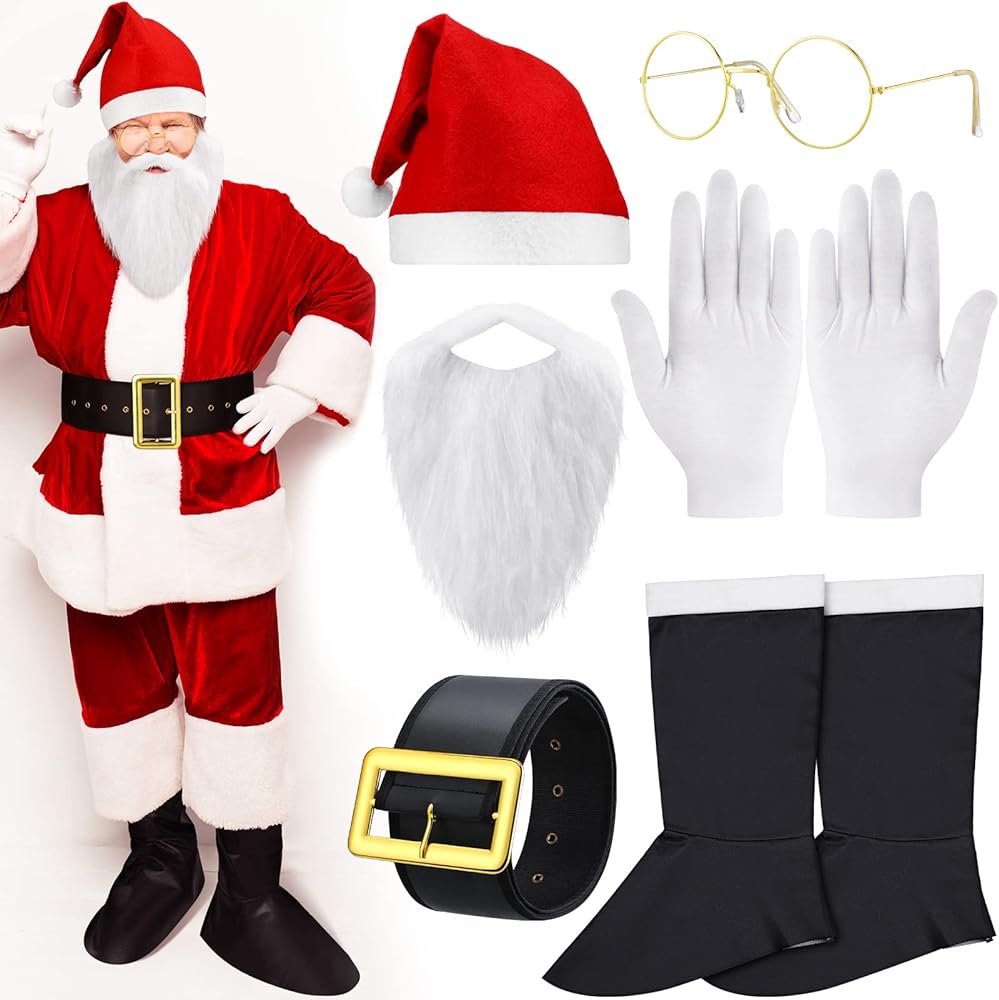 Eurzom pcs santa belt white beard hats boots gloves glasses set christmas santa claus costume accessory for men women adult christmas party costume clothing shoes jewelry