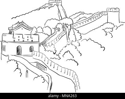 China great wall vector sketch famous destination landmark hand drawn outline artwork stock vector image art