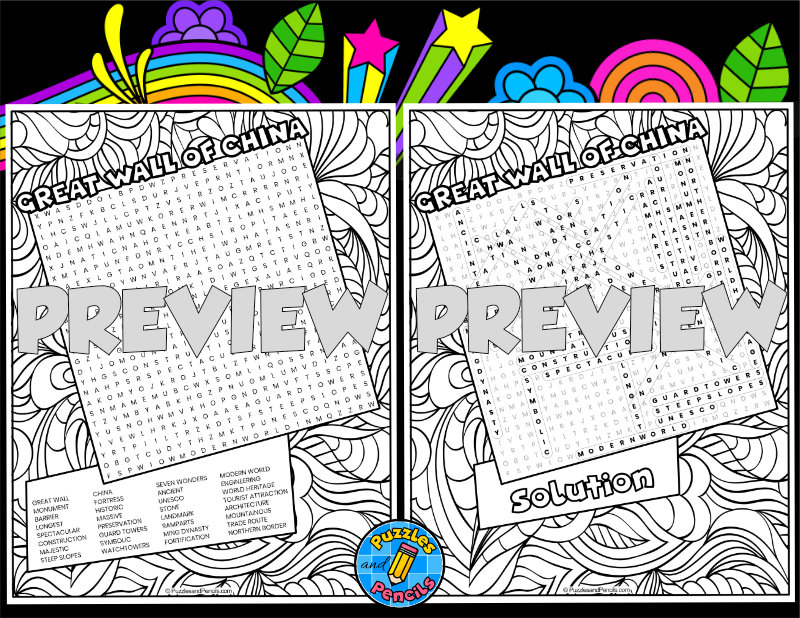 Great wall of china word search puzzle with colouring activity seven wonders teaching resources