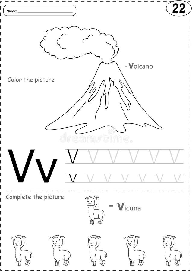 Cartoon volkano and vicuna alphabet tracing worksheet writing stock vector