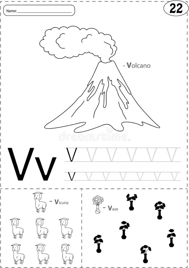 Cartoon volkano and vicuna alphabet tracing worksheet writing stock vector