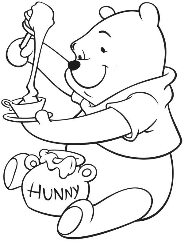 Honey winnie the pooh enjoying tea with honey coloring page winnie the pooh drawing coloring books disney coloring pages
