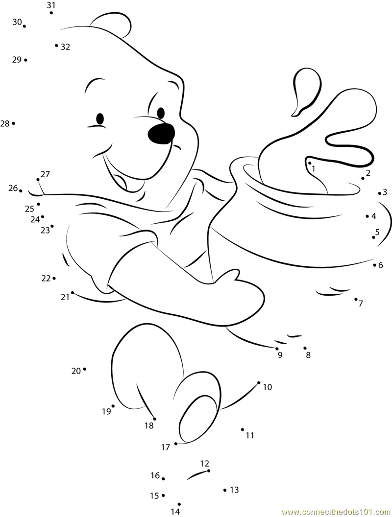 Pooh bear with honey pot dot to dot printable worksheet