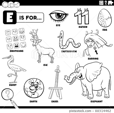 Letter e words educational set coloring book page