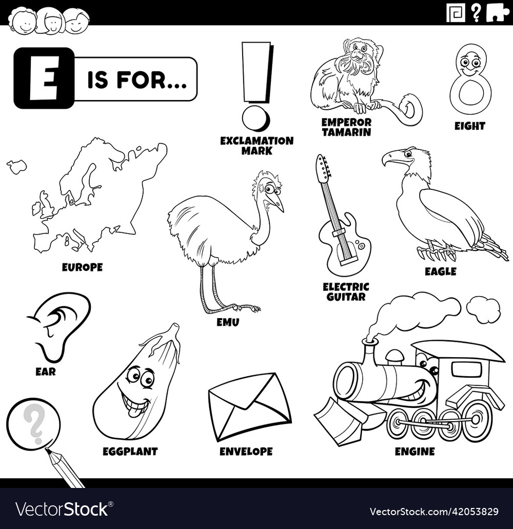 Letter e words educational set coloring book page vector image