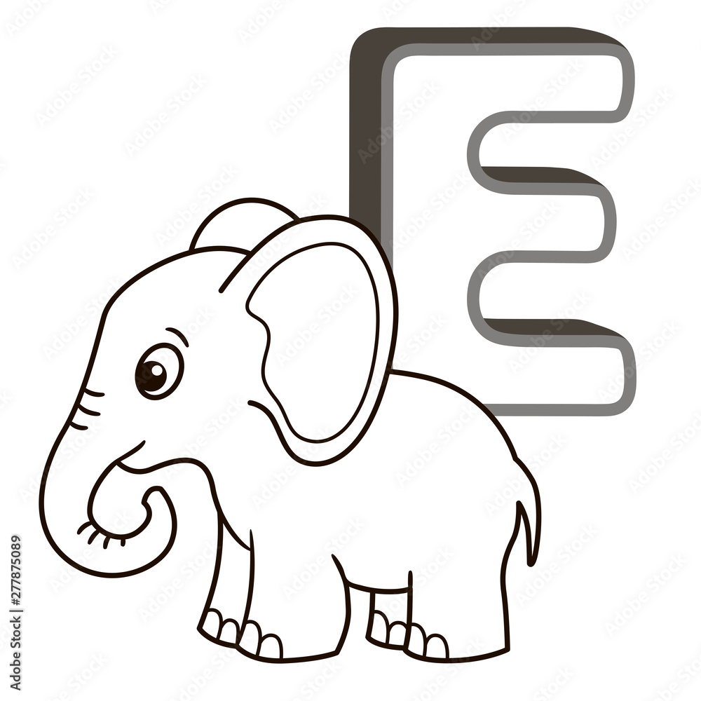 Coloring book alphabet with capital letters of the english and cute cartoon animals and things coloring page for kindergarten and preschool cards for learning english letter e elephant illustration