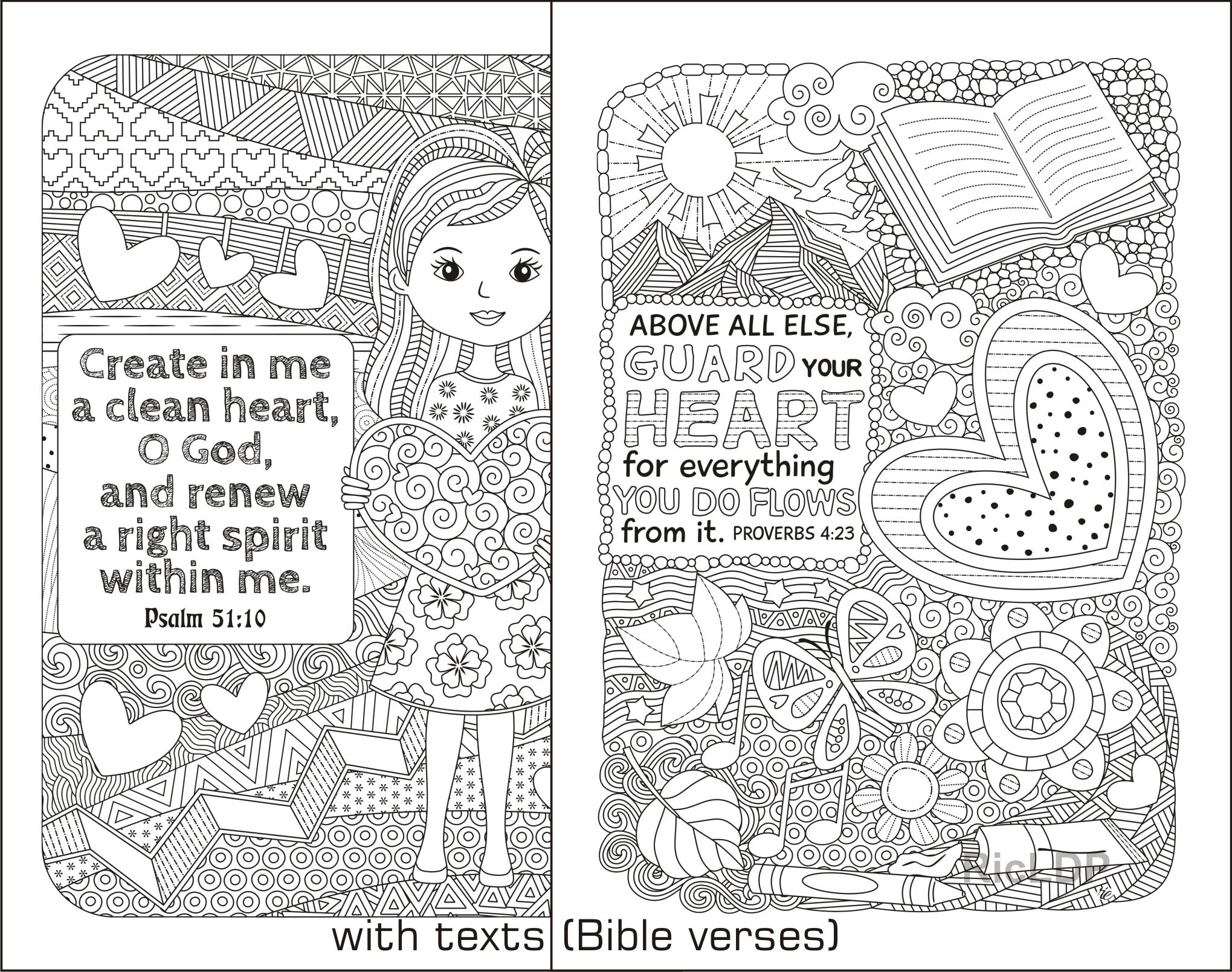 Two bible coloring pages with heart doodles psalm proverbs create in me guard your heart digital downloads instant download