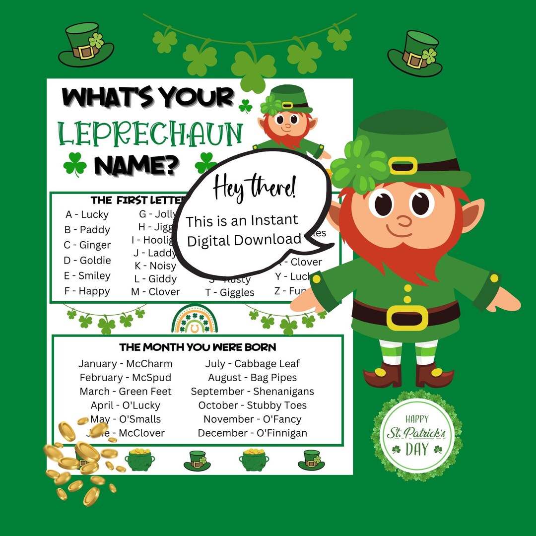 Whats your leprechaun name game funny st patricks printable name game st pattys party game holiday party game instant pdf download
