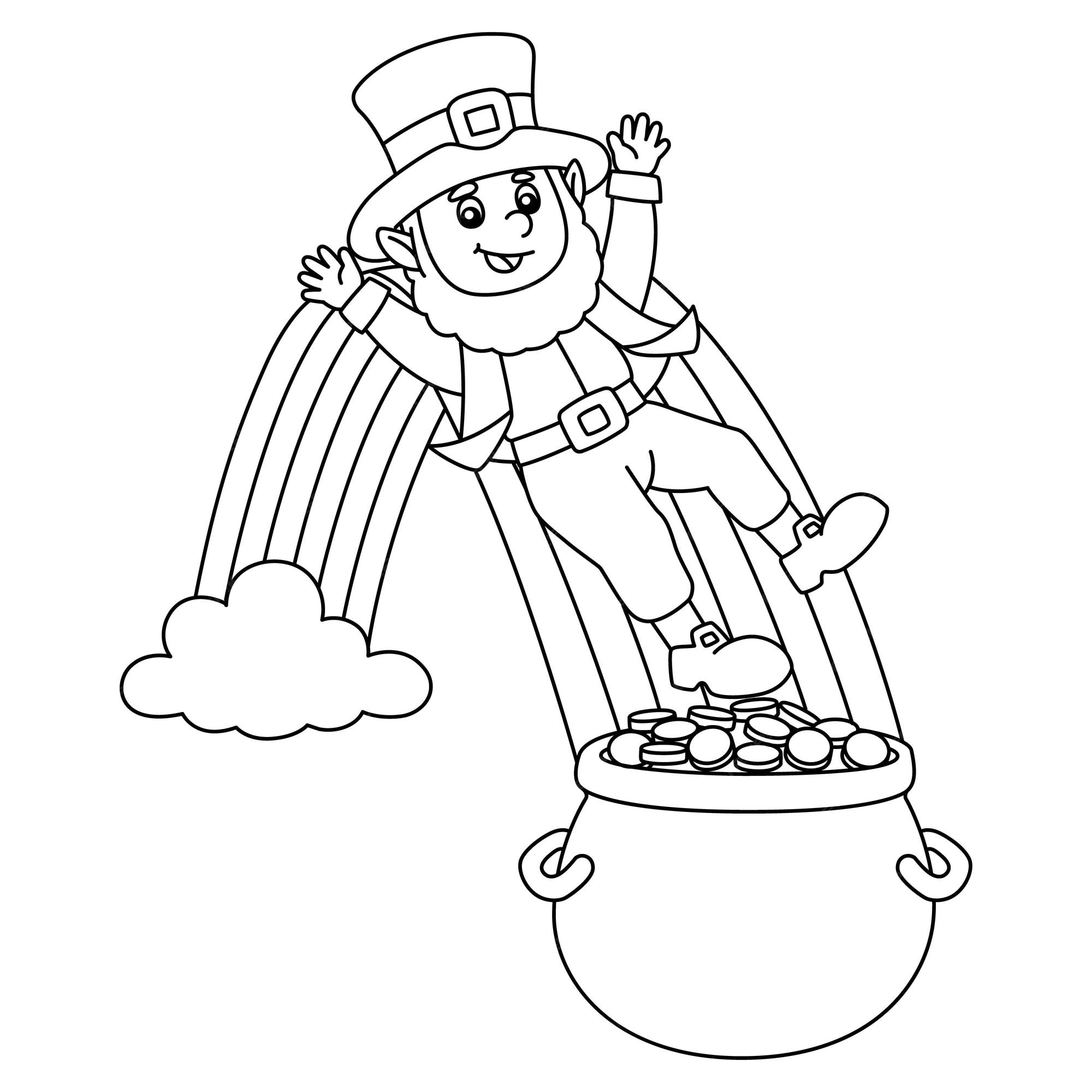 Premium vector a cute and funny coloring page of a st patricks day leprechaun on a rainbow provides hours of coloring fun for children to color this page is very easy