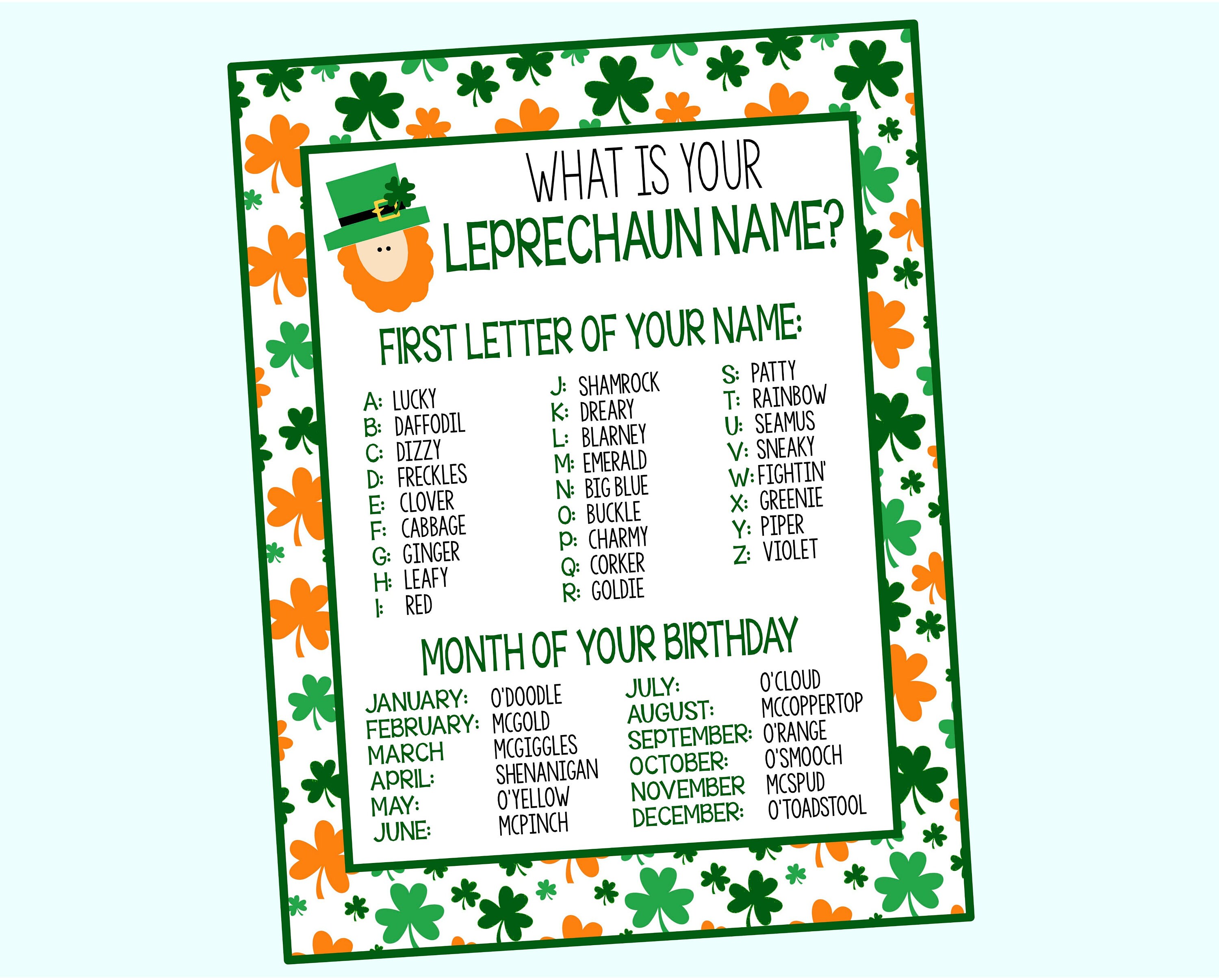 Leprechaun name game what is your leprechaun name instant digital download fun for st patricks day party classroom