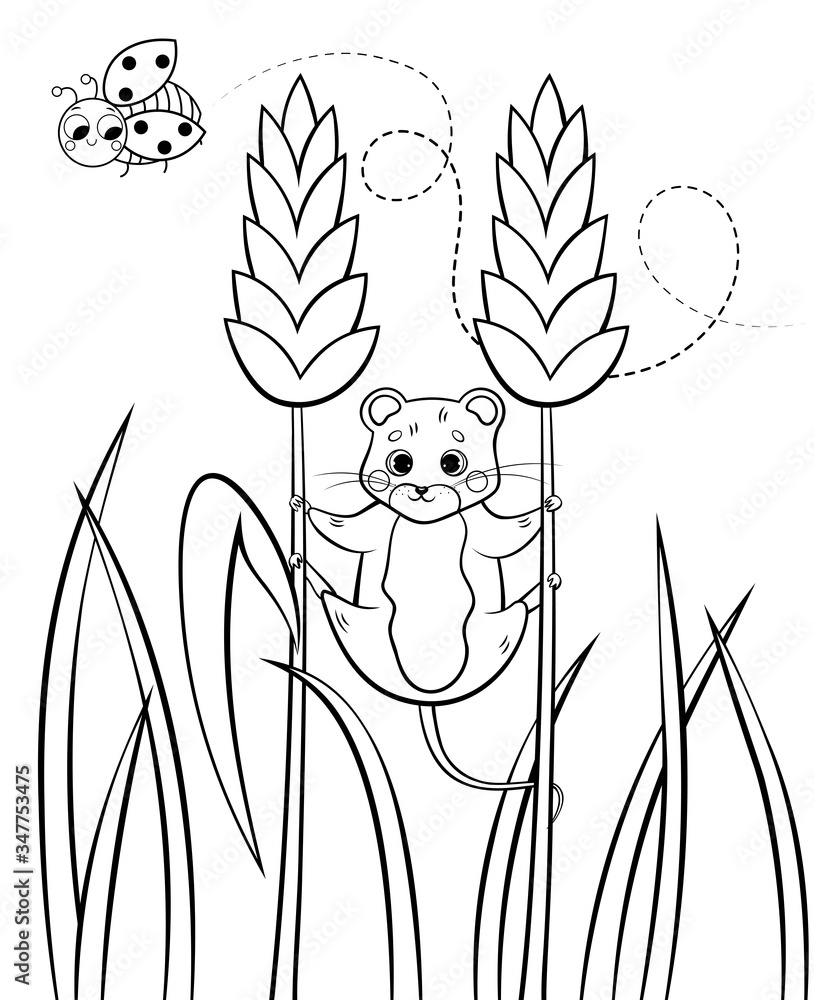 Coloring page outline of cute cartoon forest vole or mouse hanging on wheat vector image with nature background coloring book of forest wild animals for kids vector