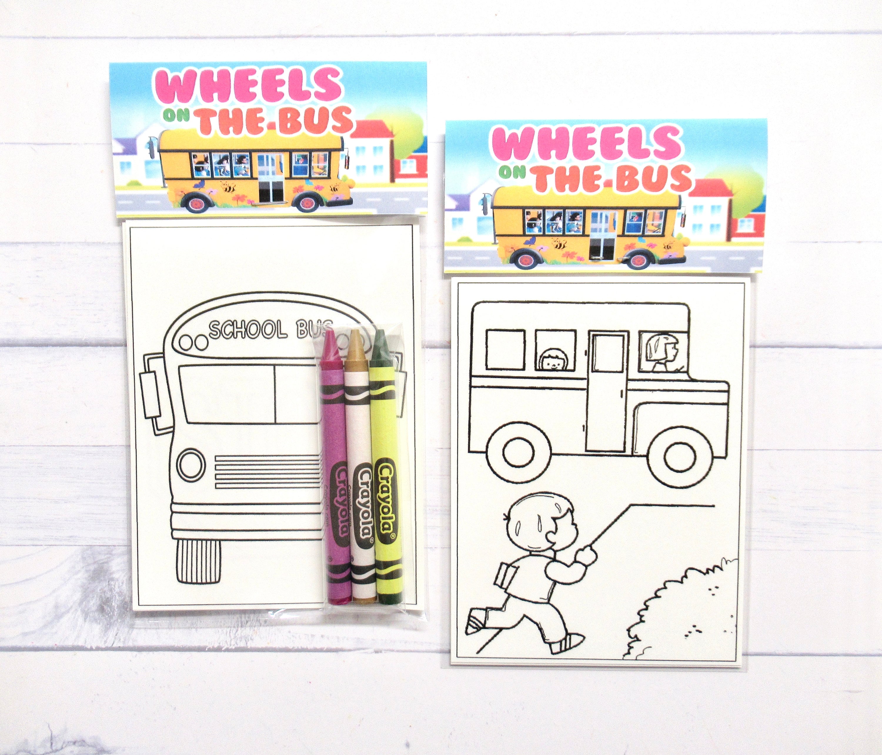 The wheels on the bus mini coloring pages and crayons bag child the wheels on the bus party favors