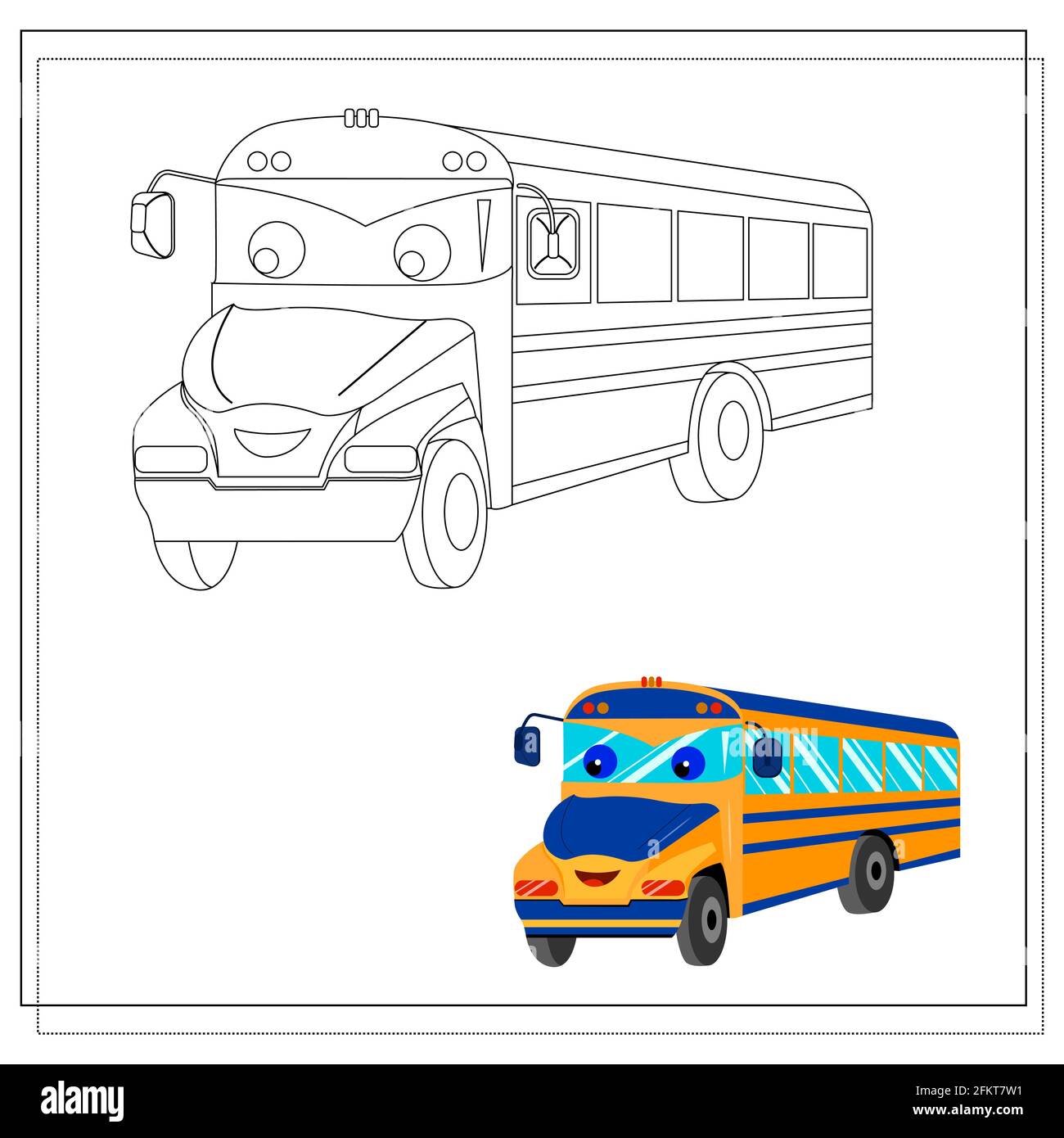 A cartoon school bus coloring book with eyes and a smile sketch and color version vector illustration isolated on a white background stock vector image art