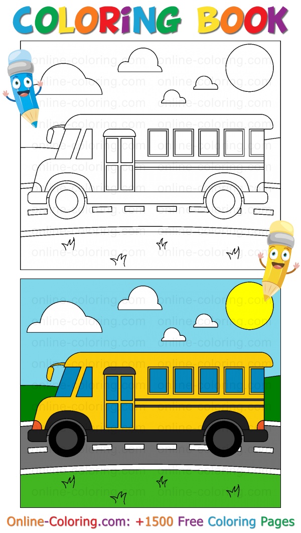 School bus on a country road free online coloring page