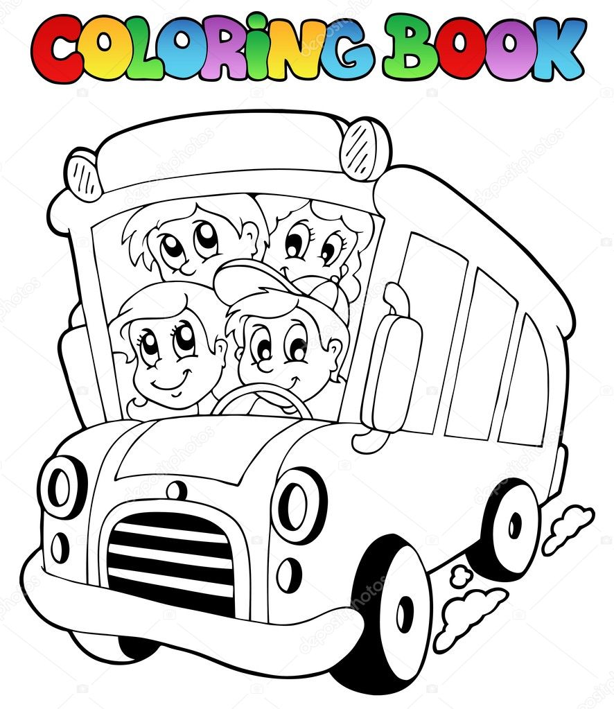 Coloring book with bus and children stock vector by clairev