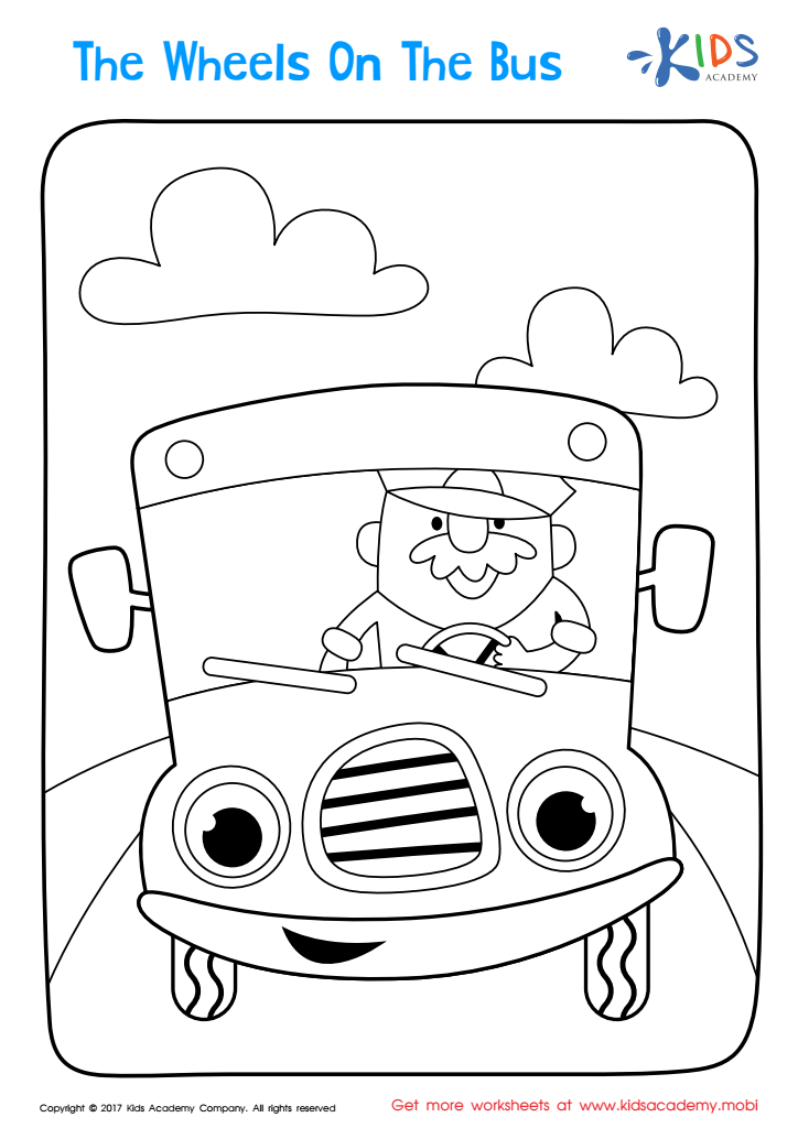 The wheels on the bus coloring page free printable worksheet for kids