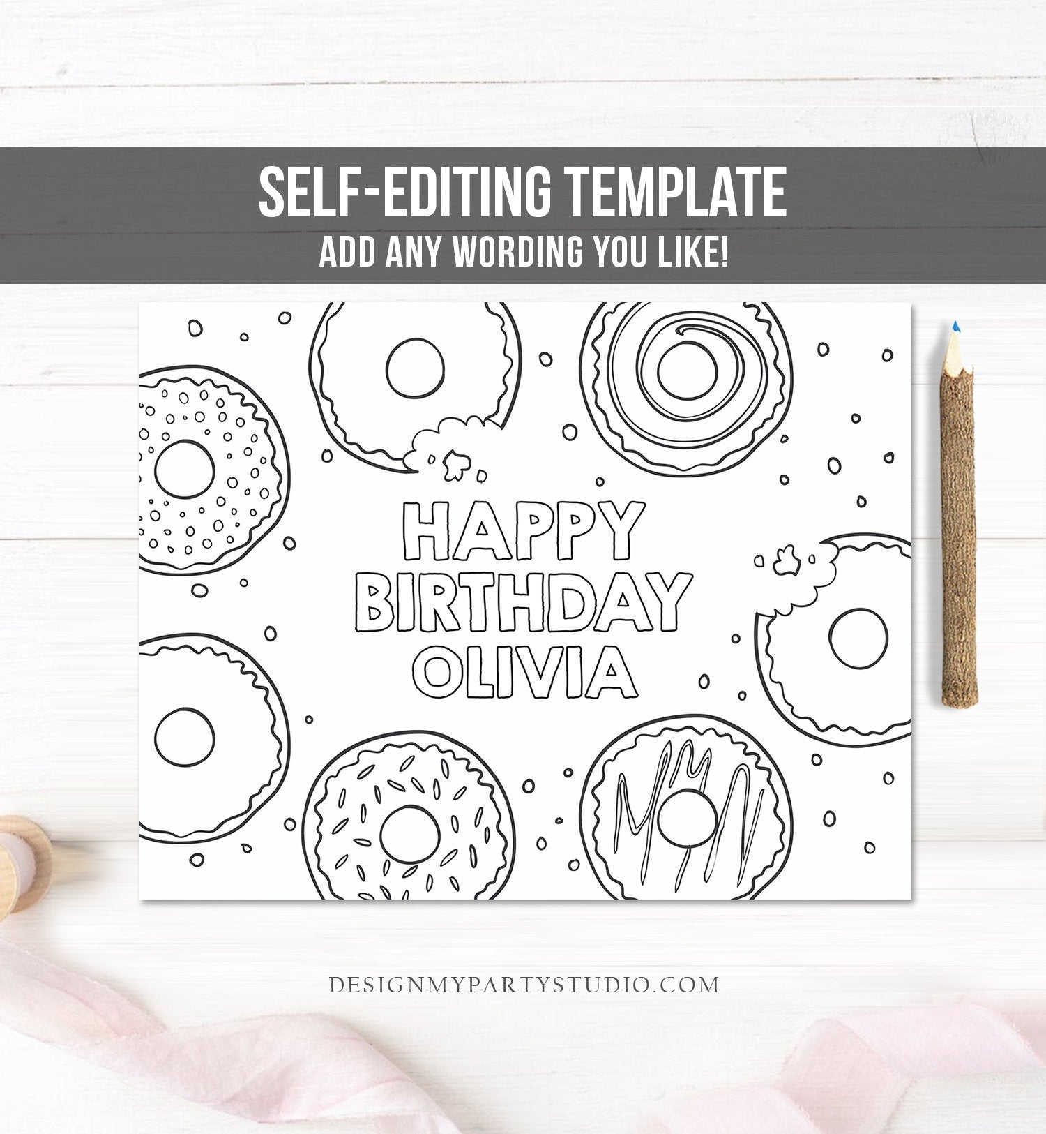 Editable coloring page donut birthday party activity game sweet birthd