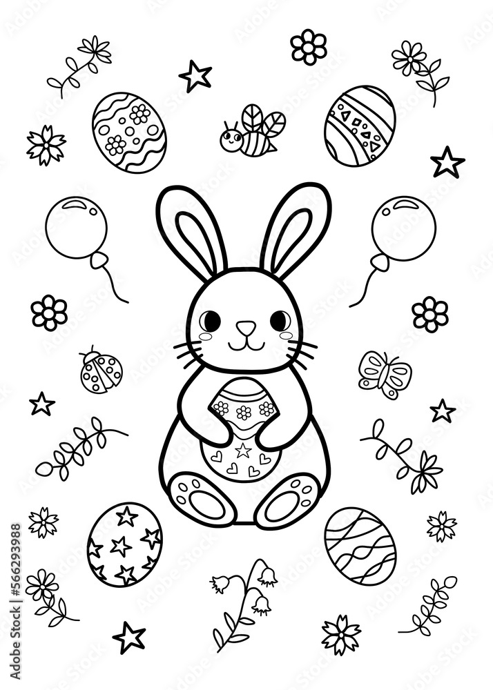 Easter bunny coloring pages for kids painting for kindergarten and elementary school children childrens coloring activity sheet cute illustration to color illustration