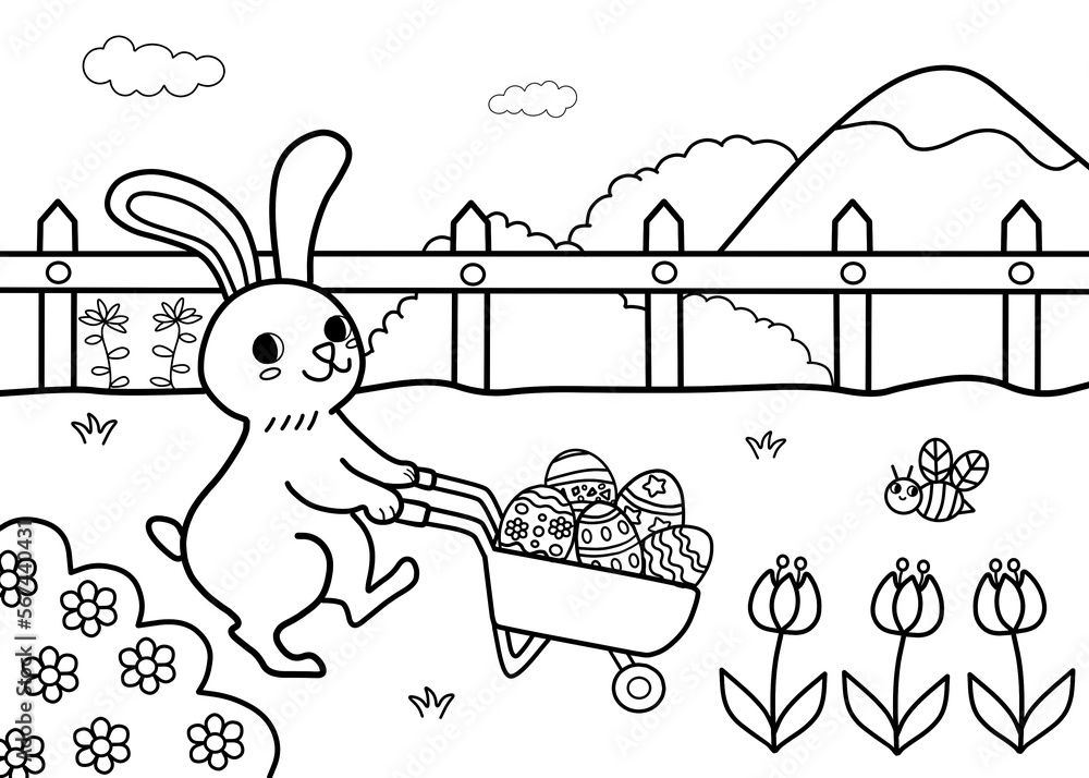 Easter bunny coloring pages for kids painting for kindergarten and elementary school children childrens coloring activity sheet cute illustration to color illustration