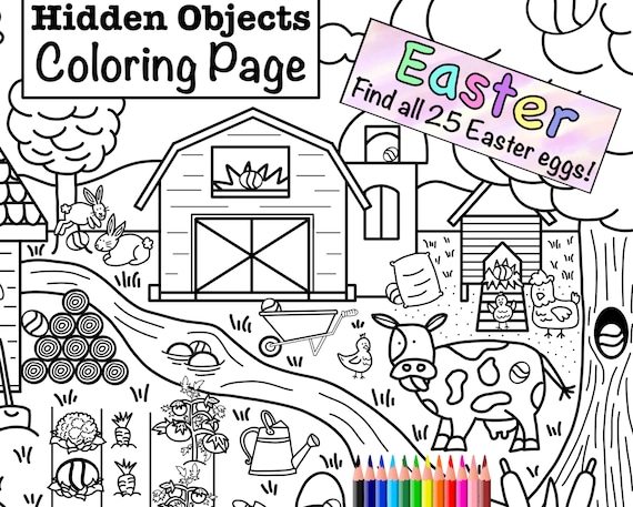 Easter egg search coloring page hidden objects printout download colouring page find and color easter egg hunt farm animals doodle instant download