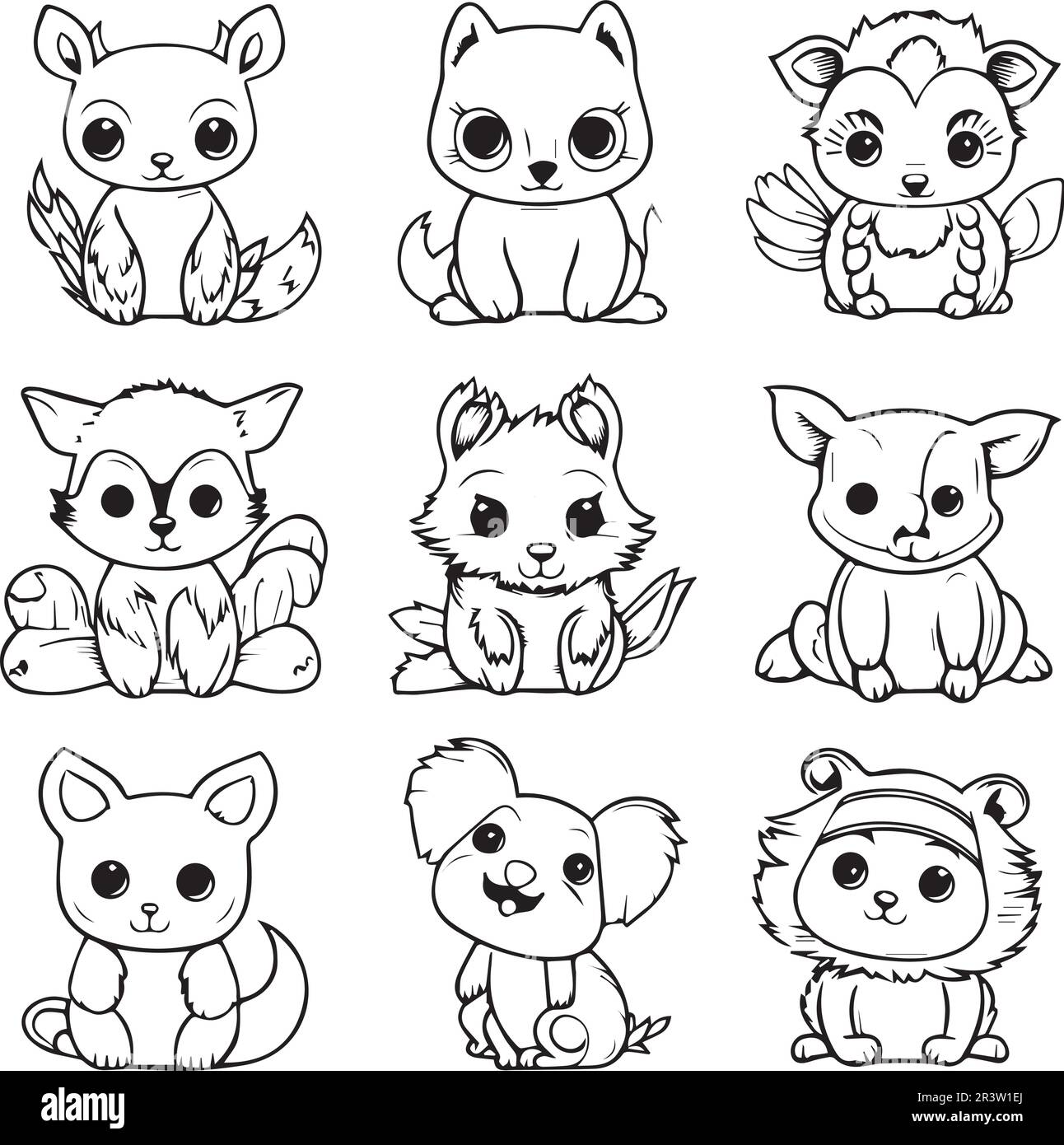 A set of cute animal line art coloring book pages for kids stock vector image art